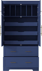 Farmhouse Freestanding Kitchen Pantry,4 Doors Dining Storage Cabinet with Pull-Out Trays, Drawers and Cake Pan Storage Organizer,for Dining Room (Blue-Q)