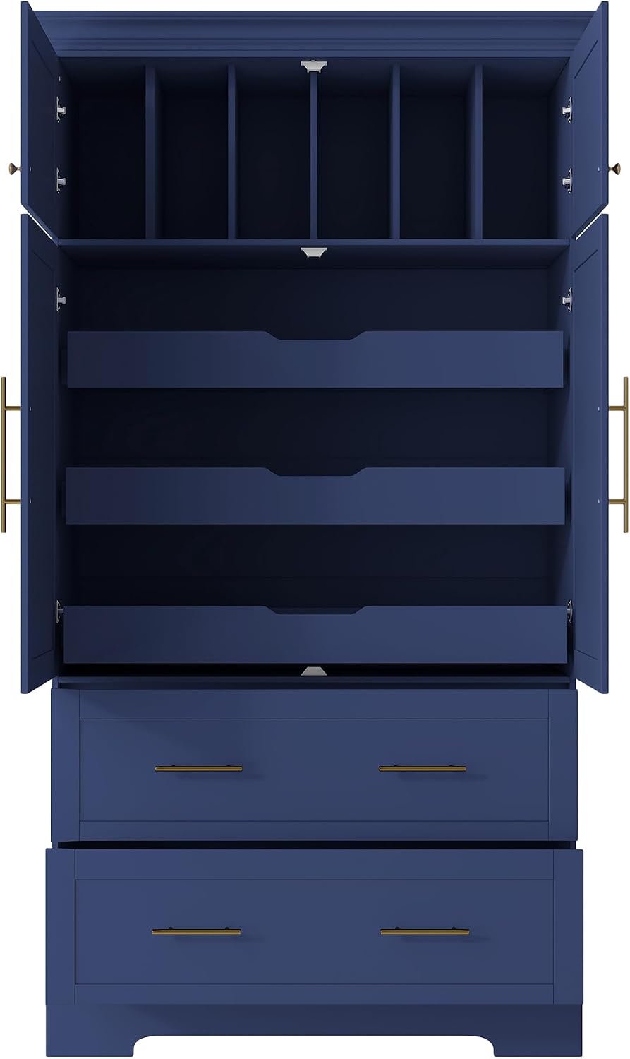 Farmhouse Freestanding Kitchen Pantry,4 Doors Dining Storage Cabinet with Pull-Out Trays, Drawers and Cake Pan Storage Organizer,for Dining Room (Blue-Q)