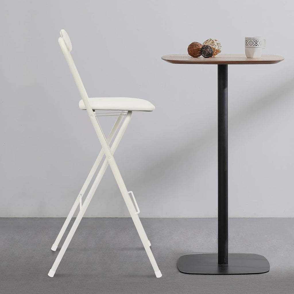 Folding Bar Stool with Back, 1 Pcs 30 Inch Tall Foldable Stool Chair Portable High Folding Bar Chair Counter Height Seat Leather Padded for Kitchen Shop Cafe Dining Room (30 Inch Tall White)