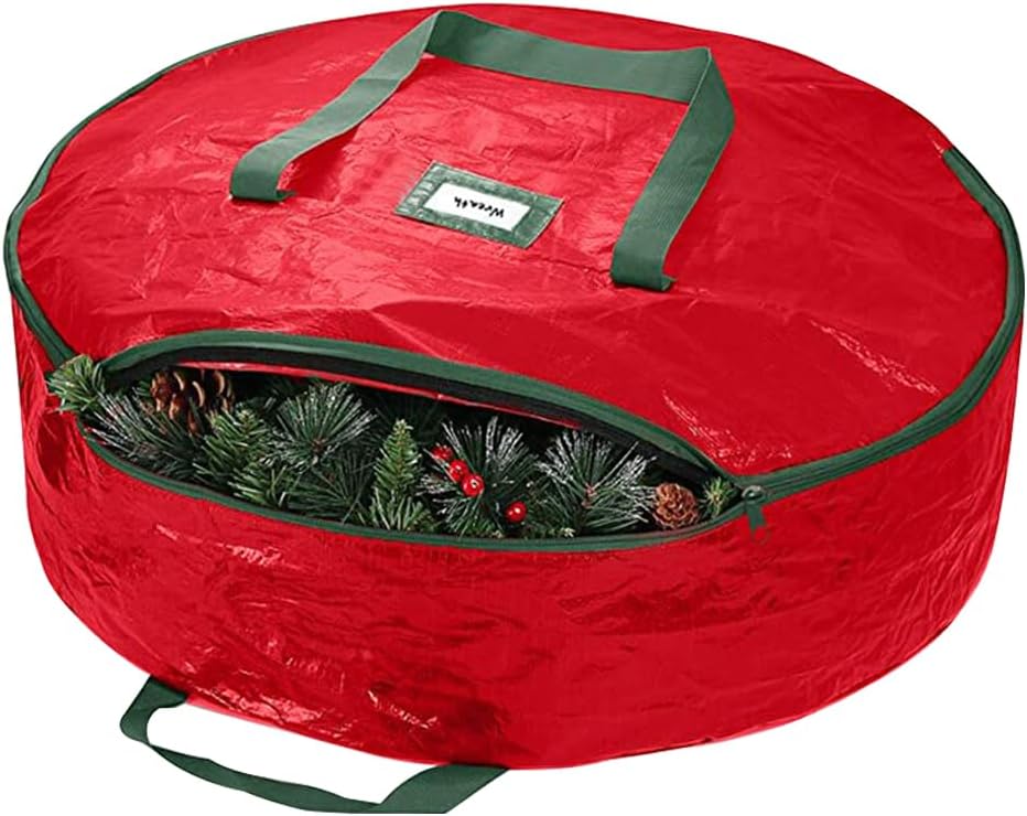 24" Christmas Wreath Storage Bag Artificial Wreath Container Garland Holiday Xmas Wreaths Holder Sturdy Handles Inner Straps Card Slot Dual Zipper Red