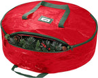 24" Christmas Wreath Storage Bag Artificial Wreath Container Garland Holiday Xmas Wreaths Holder Sturdy Handles Inner Straps Card Slot Dual Zipper Red