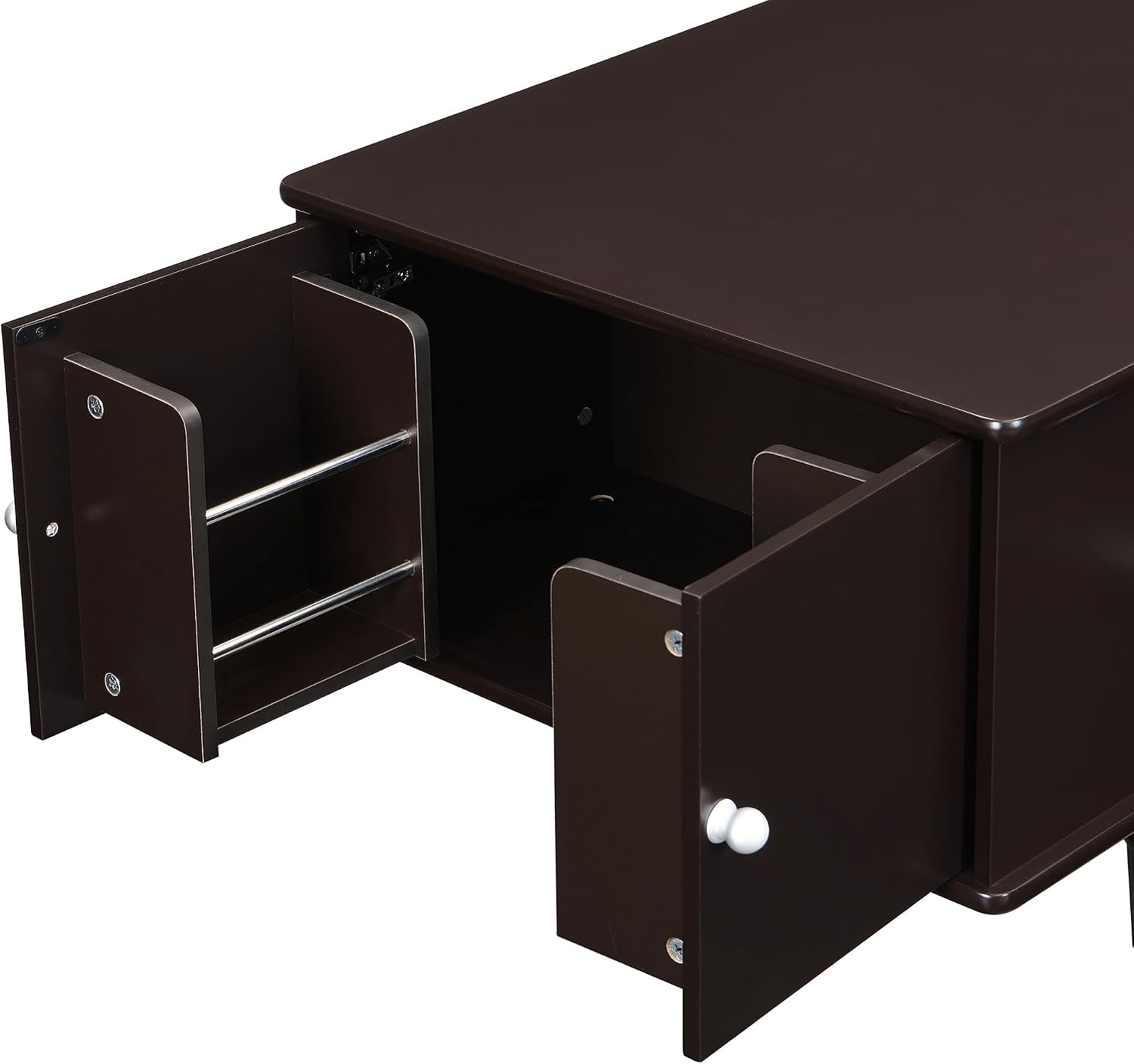 Modern Coffee Table with 4 Drawers, Hidden Side Table Compartments, Interior Shelves, Solid Wood Legs & Durable MDF Structure, End Table for Living Room, Kitchen, Dining Room & Bedroom, Easy Assembly
