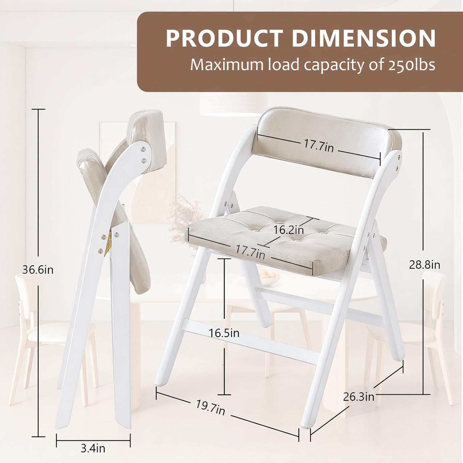 Wood Folding Chairs Set of 2, Upholstered Foldable Dining Chairs with Padded Seat and Backrest, Portable Accent Chairs for Kitchen, Dining Room, Apartment, Office, Guest Seating, White