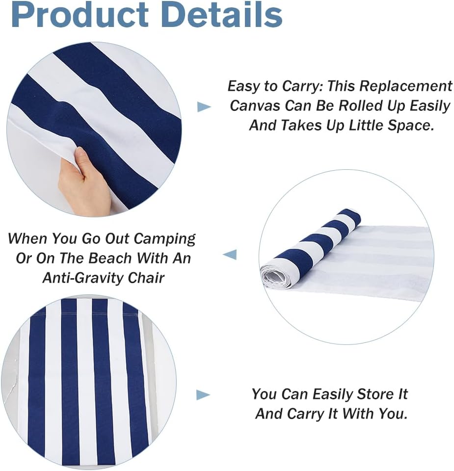 2Pcs Beach Sling Chair Replacement Fabric Blue and White Stripe Outdoor Folding Canvas 45x17in Patio Sling Chairs Cloth Outdoor Folding Chair Fabric for Home Beach Chairs Garden Courtyard