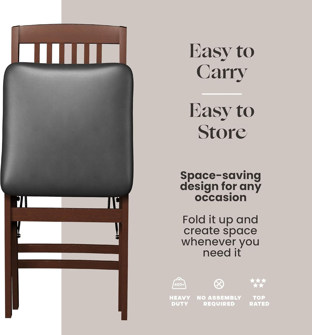 SIMPLEX Compact Folding Wood Dining Chairs – No Assembly, PU Leather Cushions, 400 lb Load Capacity, Space-Saving Design for Apartment & Kitchen Use (4 Pack)