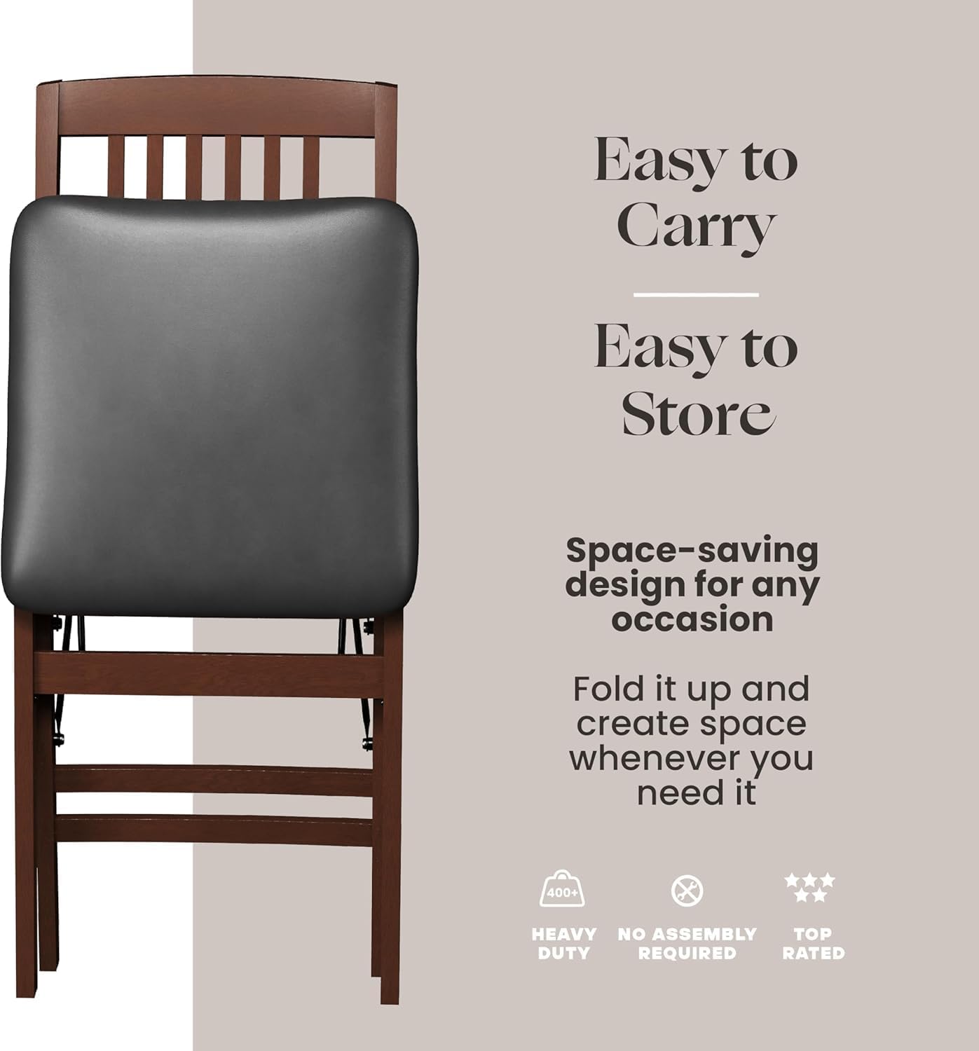 SIMPLEX Compact Folding Wood Dining Chairs – No Assembly, PU Leather Cushions, 400 lb Load Capacity, Space-Saving Design for Apartment & Kitchen Use (4 Pack)