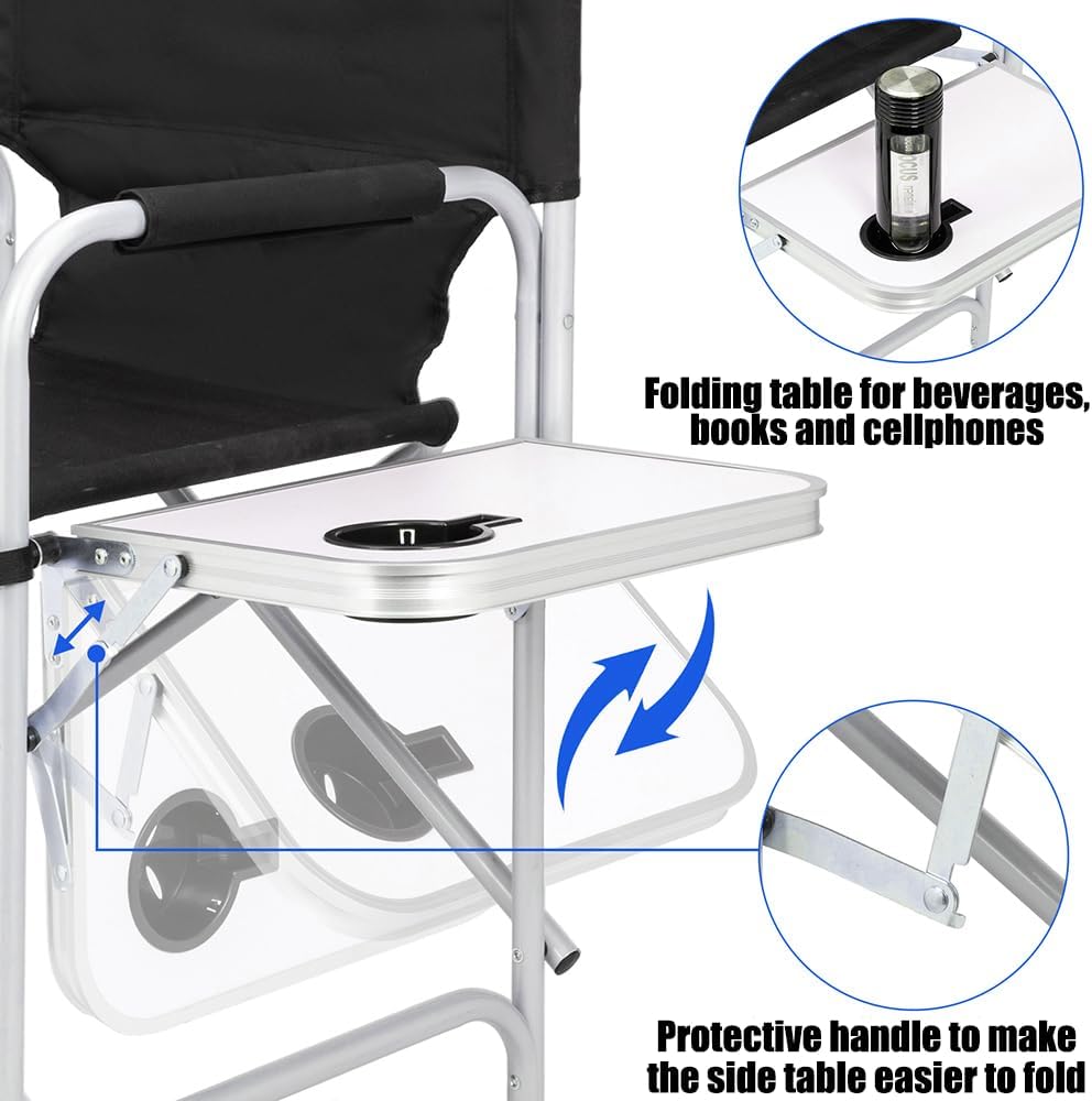 Tall Makeup Chair, Foldable Director Chairs, Portable Makeup Artist Chair w/Side Table Cup Holder Storage Bag and Footrest, 400LBS Load Capacity, Black, 41''