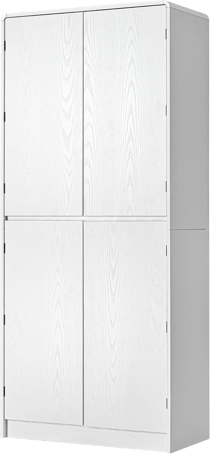 Farmhouse Kitchen Pantry Cabinet with 8 Door Shelves, Curved Tall Storage Cabinet with Adjustable Shelves and Hidden Drawer, Wood Cupboard for Kitchen, Dining Room, Bathroom (White)