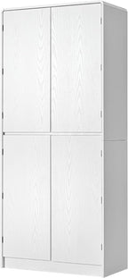 Farmhouse Kitchen Pantry Cabinet with 8 Door Shelves, Curved Tall Storage Cabinet with Adjustable Shelves and Hidden Drawer, Wood Cupboard for Kitchen, Dining Room, Bathroom (White)