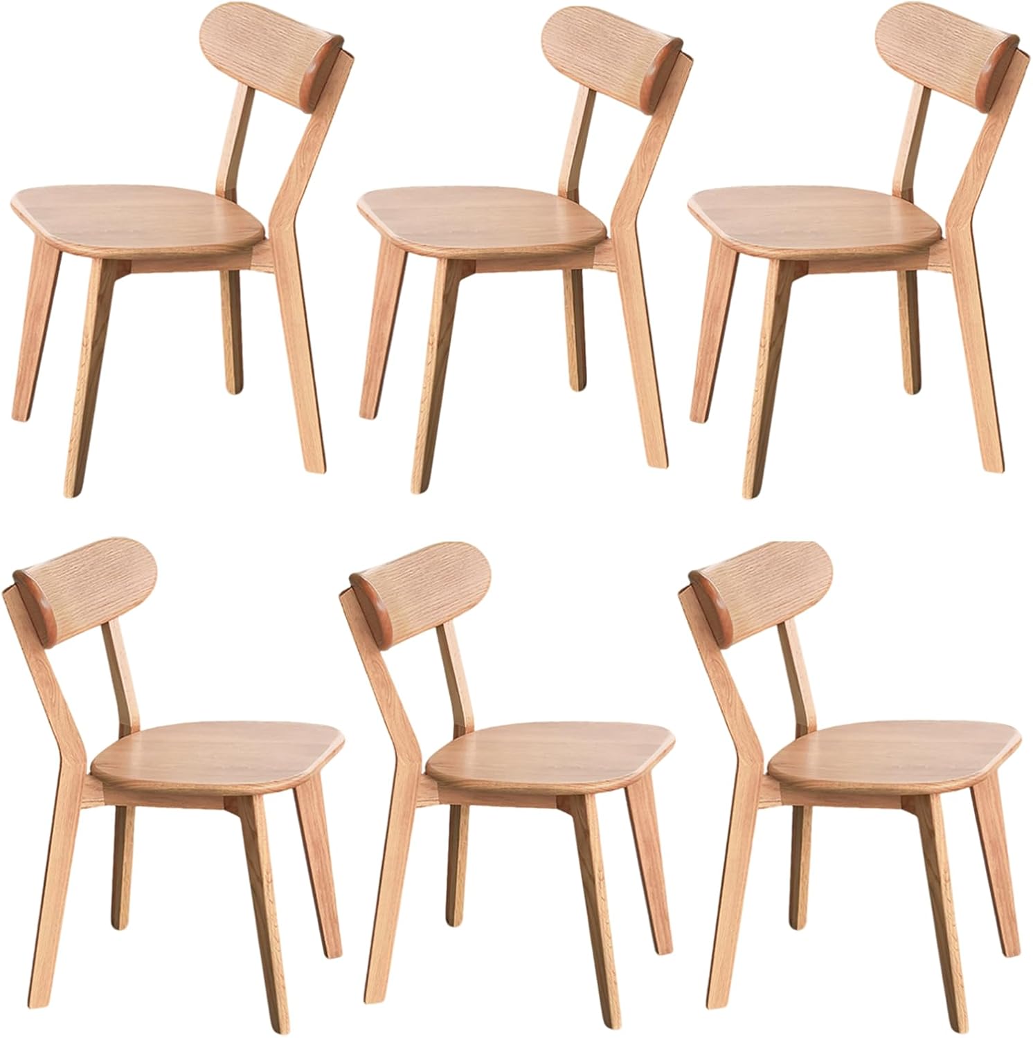 Solid Oak Wood Dining Chairs Set of 6 | Heavy Duty 400 lbs Commercial Grade | Natural Finish | Mid Century Modern Curved Back Wooden Chairs for Home Kitchen Restaurant | Easy Assembly