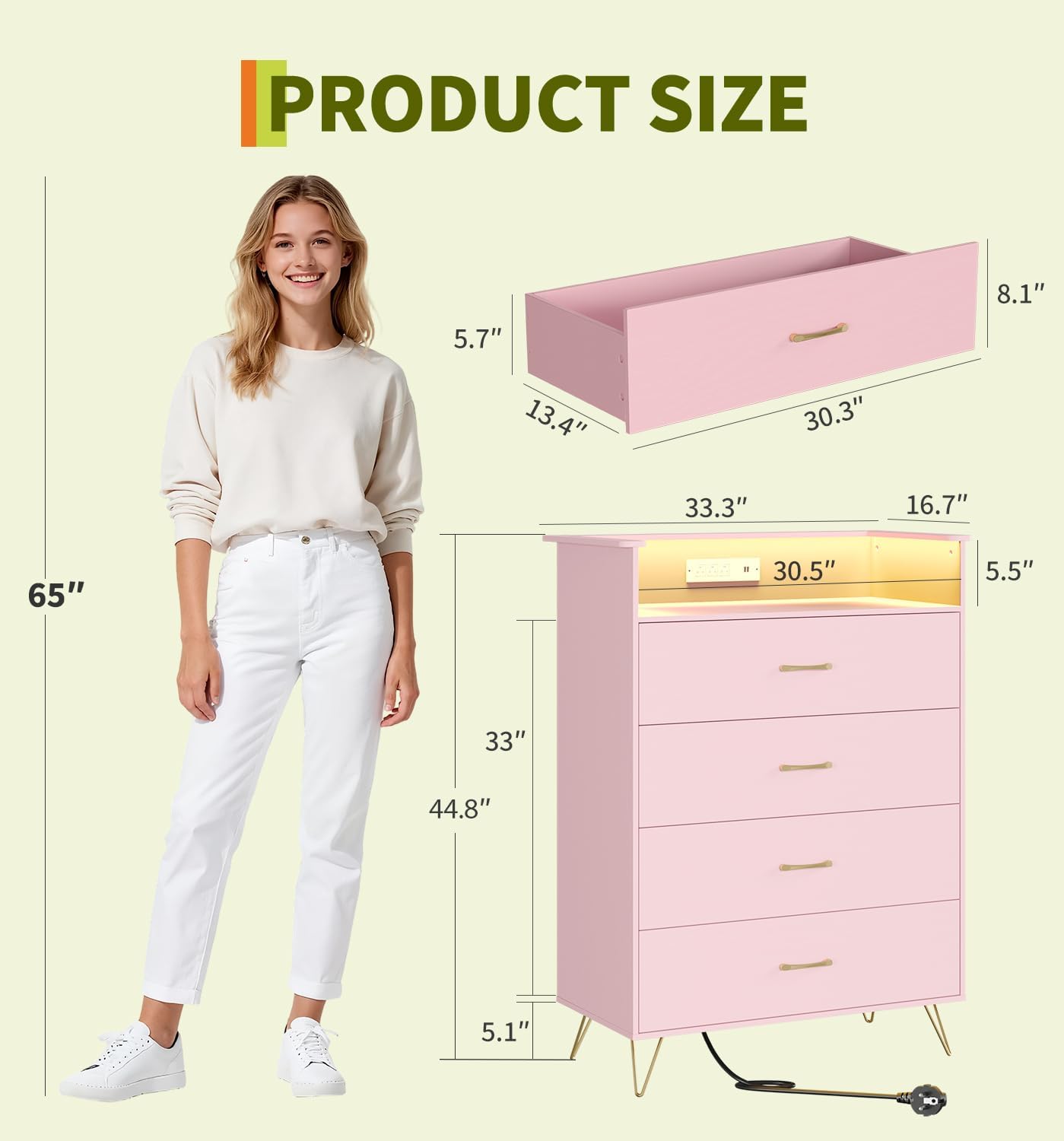 Jojoka 4 Drawer Dresser with RGB LED Light & Charging Station - Modern Chest of Drawers with App Control - Tall Wooden Dressers Chest, Closet for Bedroom, Living Room, Entryway, Hallway – Rose