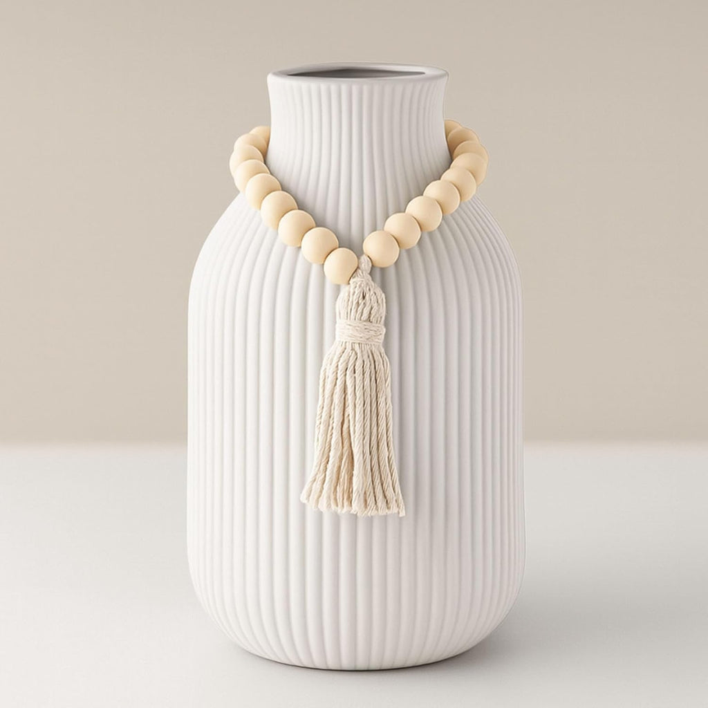 JOHOUSE White Ceramic Vase, 7.9 Inch Boho Ribbed Vase with Wooden Beads Tassel for Pampas Grass, Wedding Centerpiece, Coffee Table, Bedroom & Apartment, Neutral Farmhouse Decor