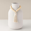 JOHOUSE White Ceramic Vase, 7.9 Inch Boho Ribbed Vase with Wooden Beads Tassel for Pampas Grass, Wedding Centerpiece, Coffee Table, Bedroom & Apartment, Neutral Farmhouse Decor