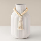 JOHOUSE White Ceramic Vase, 7.9 Inch Boho Ribbed Vase with Wooden Beads Tassel for Pampas Grass, Wedding Centerpiece, Coffee Table, Bedroom & Apartment, Neutral Farmhouse Decor