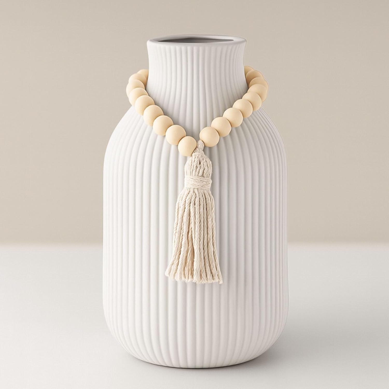 JOHOUSE White Ceramic Vase, 7.9 Inch Boho Ribbed Vase with Wooden Beads Tassel for Pampas Grass, Wedding Centerpiece, Coffee Table, Bedroom & Apartment, Neutral Farmhouse Decor