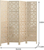 FurniFact Gold 4-Panel Wood Room Divider, Folding Screen, Fabric Panels, Diamond Design, Transitional Style, 70 Inch, Freestanding
