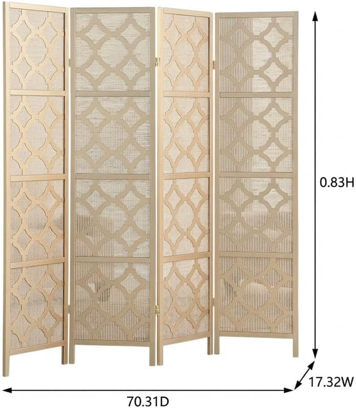 FurniFact Gold 4-Panel Wood Room Divider, Folding Screen, Fabric Panels, Diamond Design, Transitional Style, 70 Inch, Freestanding