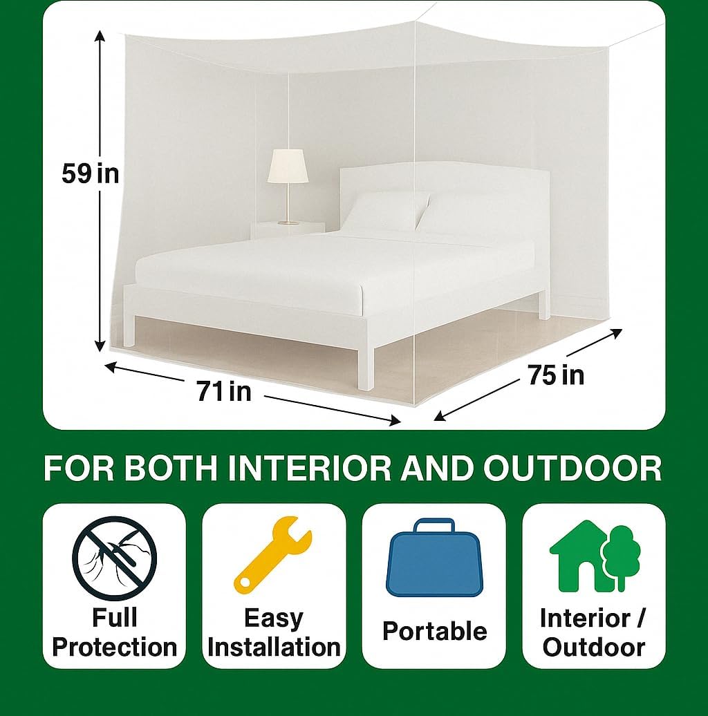 Premium Bed Mosquito Net – Full & Queen Size, Elegant White Rectangular Canopy, 360° Protection with Breathable Mesh and Easy Installation