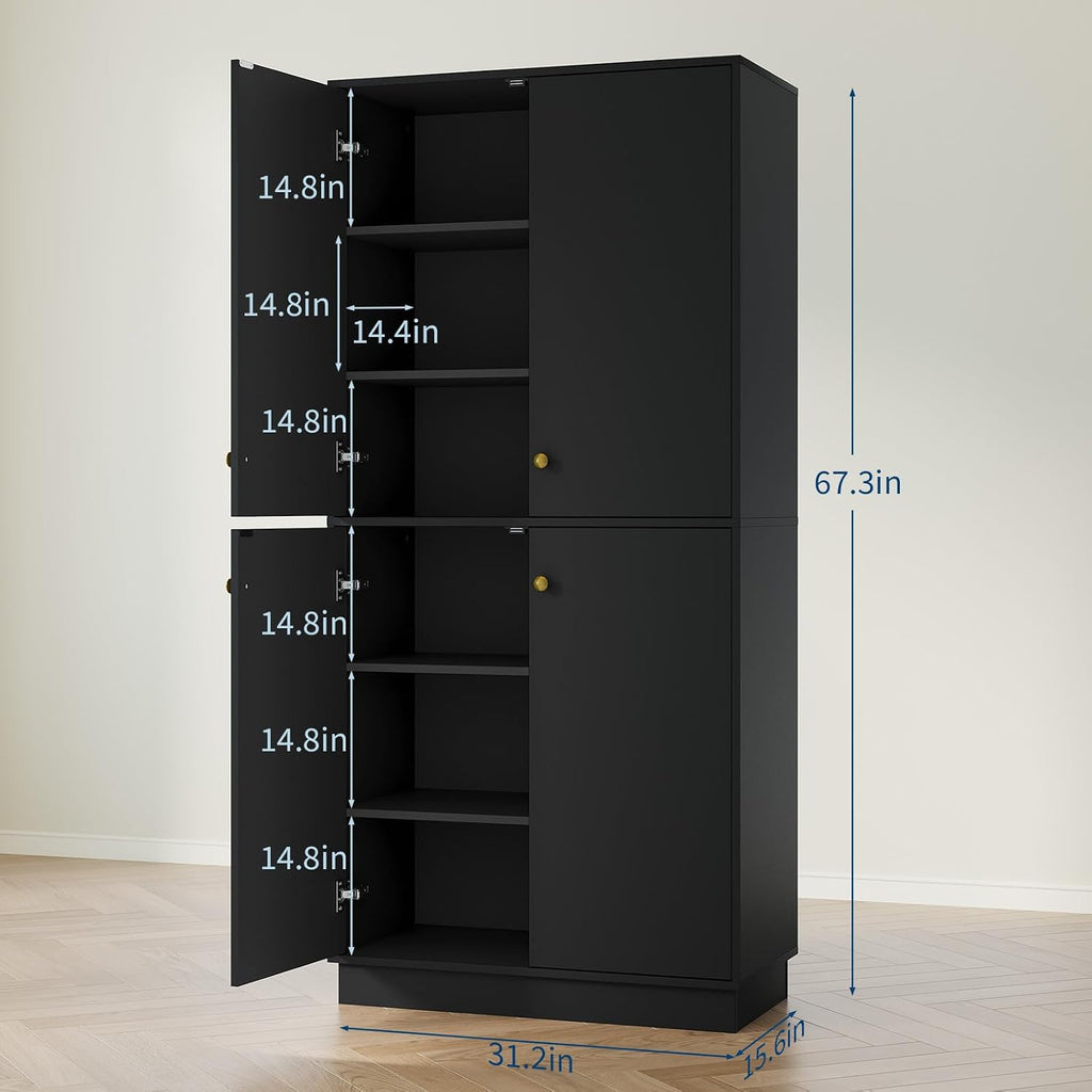 TROPOW Kitchen Pantry Storage Cabinet, 67" Tall Food Pantry with Adjustable Shelves & Anti-Tip Design, Large Kitchen Hutch Cabinet for Dining Room Living Room, Black