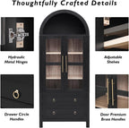 71" Tall Arched Kitchen Pantry Cabinet with 2 Large Drawers and Adjustable Shelves, Modern Farmhouse Storage Cabinet with Glass Doors, Wood Versatile Cupboard for Kitchen (Black)