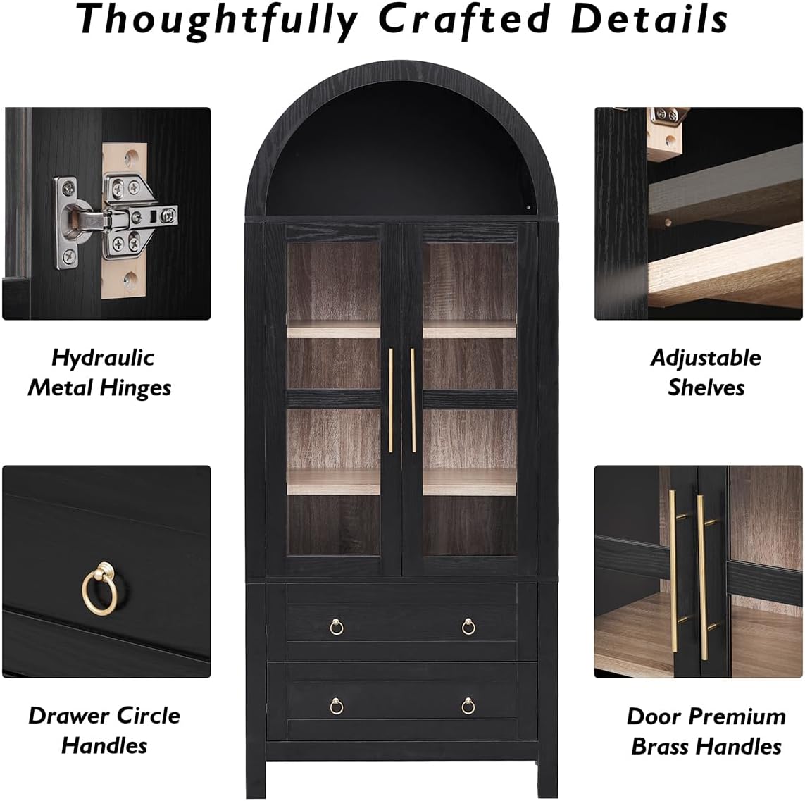 71" Tall Arched Kitchen Pantry Cabinet with 2 Large Drawers and Adjustable Shelves, Modern Farmhouse Storage Cabinet with Glass Doors, Wood Versatile Cupboard for Kitchen (Black)