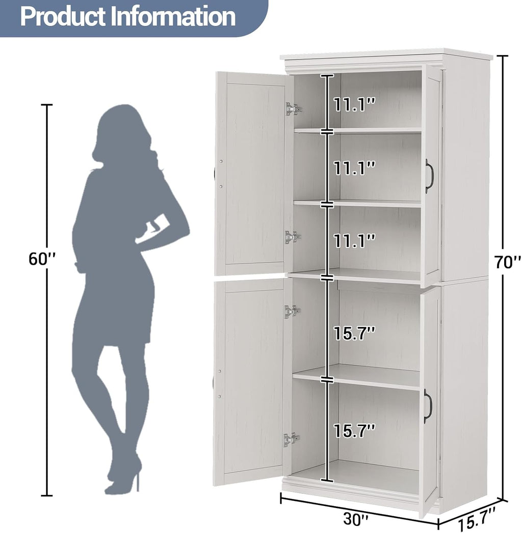 70" Tall Kitchen Pantry Cabinets Pantry Cabinet with 2 Doors and 3 Adjustable Shelves, Freestanding Cupboard, Modern Storage Cabinet for Living Room, Kitchen
