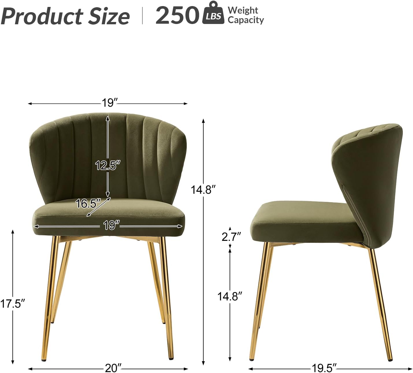 HULALA HOME Velvet Dining Chairs, Modern Small Armless Accent Chair with Gold Metal Legs, Living Room Upholstered Cute Side Chair, Elegant Tufted Back Vanity Chair for Bedroom, Moss