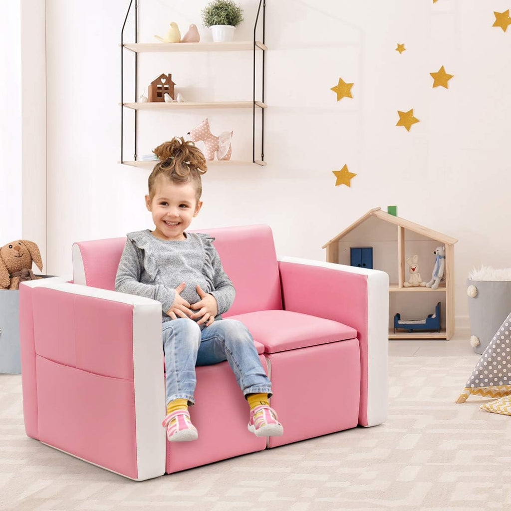 Costzon Kids Couch, 2 in 1 Double Seat Children's Sofa Convert to Table and Two Chairs for School, Storage Space, PVC Surface, Large Soft Kids Preschool Sofa Couch for Boys Girls Gifts (Pink)