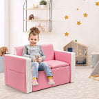 Costzon Kids Couch, 2 in 1 Double Seat Children's Sofa Convert to Table and Two Chairs for School, Storage Space, PVC Surface, Large Soft Kids Preschool Sofa Couch for Boys Girls Gifts (Pink)