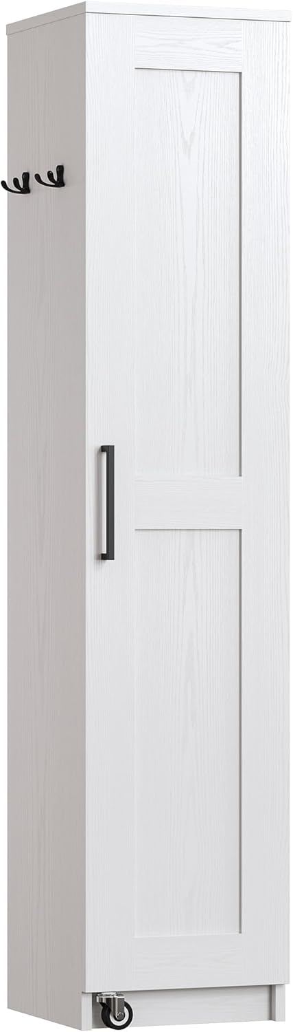 IRONCK Narrow Kitchen Pantry Storage Cabinet, 72" Slim Single Door with 6 Adjustable Shelves, Door Rack and Wheels, Space Saving Freestanding Storage Floor Cabinet for Small Place, White