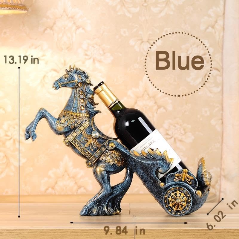 Horse Sculpture Resin Wine Bottle Holder - Tabletop Kitchen Decor, Decorative Storage Organizer for Home Bar Cellar, Unique Gift for Men Women Housewarming, Holds 1 Standard Bottle (Blue A)