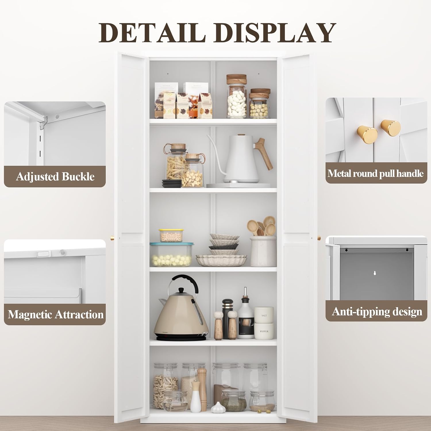 71" Tall Kitchen Pantry Storage Cabinet, 2 Doors Metal Food Pantry Cabinets, Kitchen Storage Cabinet with Adjustable Shelves Tfreestanding Pantry Cupboard for Dining Room (White)