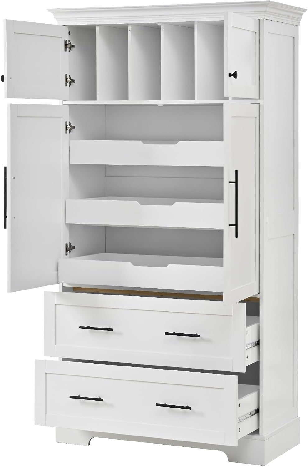 JIJIWANG 72.6" H Farmhouse Freestanding Kitchen Pantry Storage Cabinet with Drawers and Shelves, Buffet with Pull-Out Trays and Cake Pan Storage Organizer White