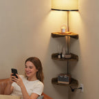YAOHUOO Corner Shelf Wall Mounted with Light, Set of 3 Corner Floating Shelves with Cord Hole for Cable Box, Round End Wall Mounted Floating Shelf for Bedroom, Living Room and Kitchen, Rustic Brown