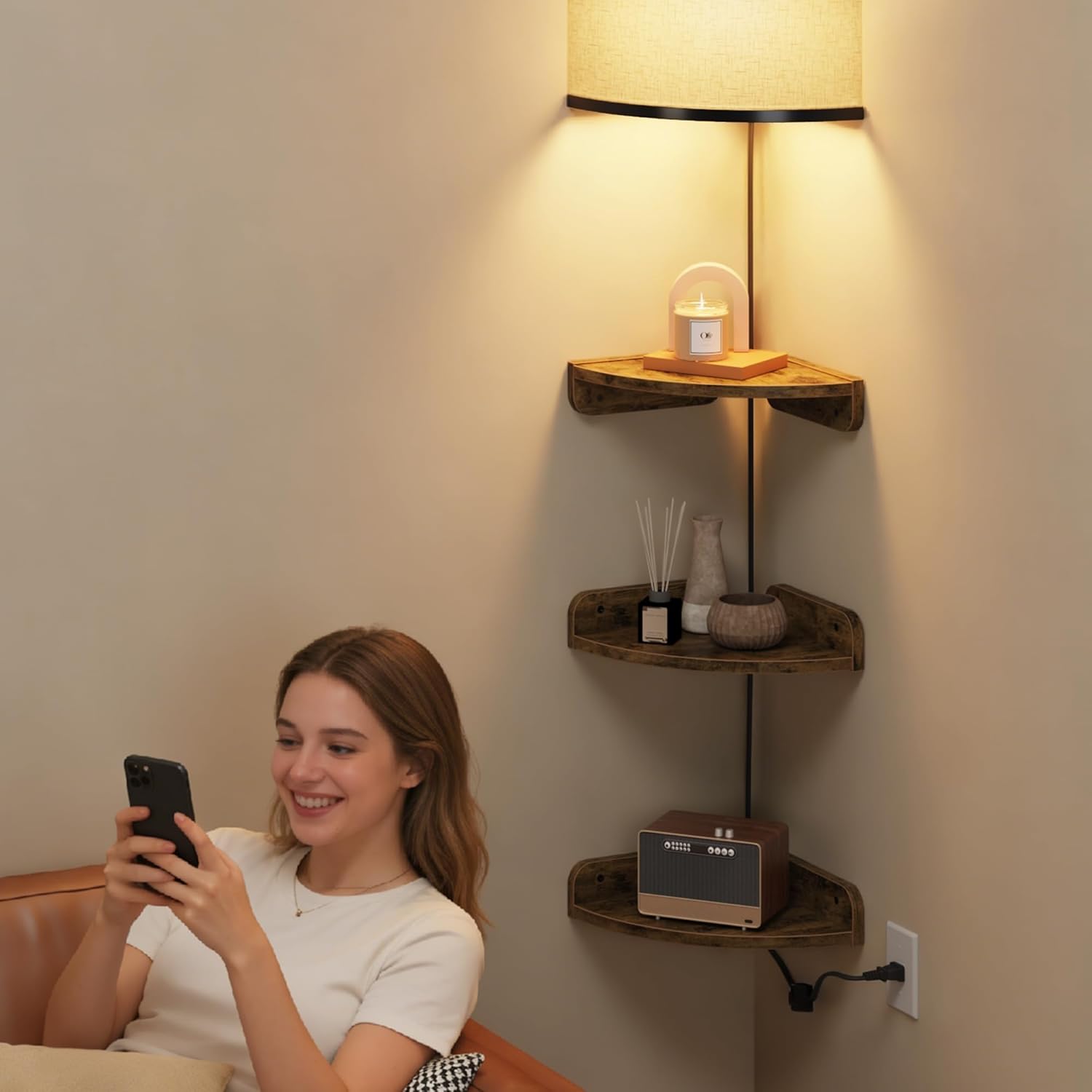 YAOHUOO Corner Shelf Wall Mounted with Light, Set of 3 Corner Floating Shelves with Cord Hole for Cable Box, Round End Wall Mounted Floating Shelf for Bedroom, Living Room and Kitchen, Rustic Brown