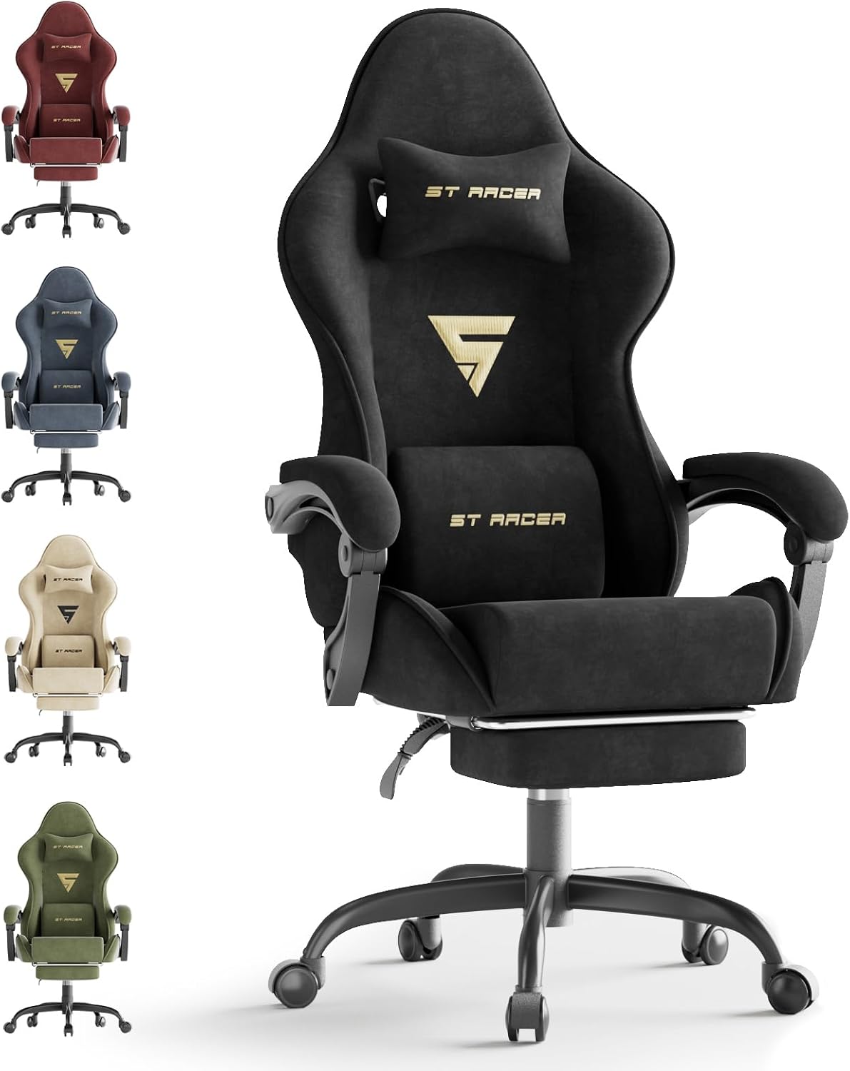 Ferghana Ergonomic Velvet Fabric Gaming Chair with Massage & Footrest, High Back Reclining Racing Computer Chair for Adults, Home Office Gaming Desk Chair, Black