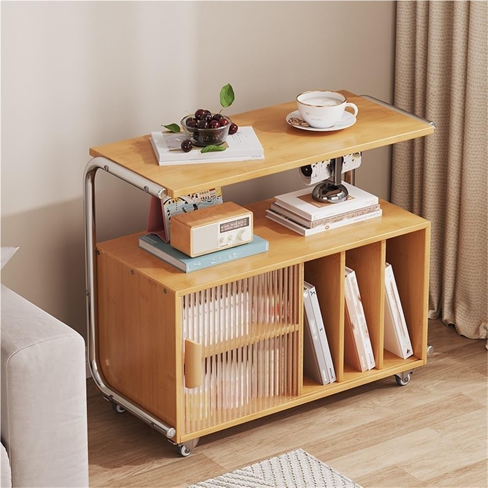 Modern Rolling Side Table End Table with Storage 360° Rollers Movable Night Stand Utility Cart Corner Table for Living Room Creative idea(Natural)