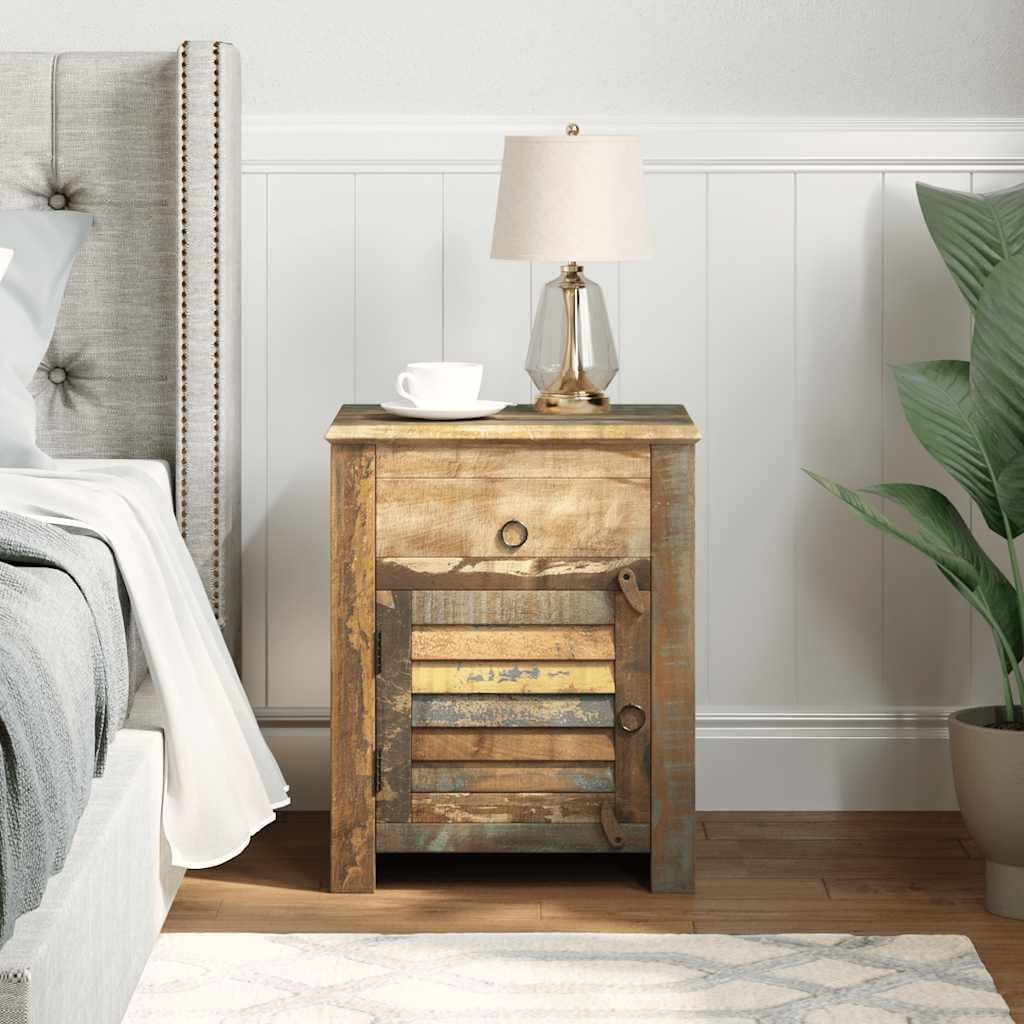 Antique Reclaimed Wood End Table with 1 Drawer and 1 Door, Rustic Nightstand for Living Room or Bedroom, Handmade Storage Cabinet with Vintage Style