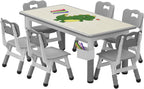 IDEALHOUSE Kids Table and 6 Chairs Set, 47" l x 24" w Height Adjustable Toddler Activity Table with Storage Boxes & 12 Water Pens, Wipe-Clean Wood Grain Desktop for Home Classroom Daycare Gray