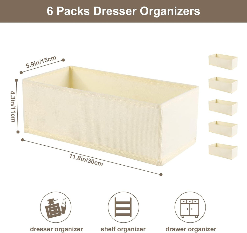 6 Pack Dresser Organizers - Drawer Organizers for Clothing & Baby, Woven-Fabric Storage Drawers (Beige