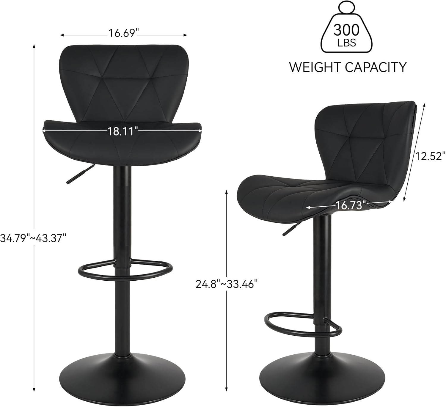 Nalupatio Modern Bar Stools Set of 2, Adjustable Faux Leather Upholstered Swivel Bar Stools, Counter Height Bar Chairs with Back for Kitchen Island, Black