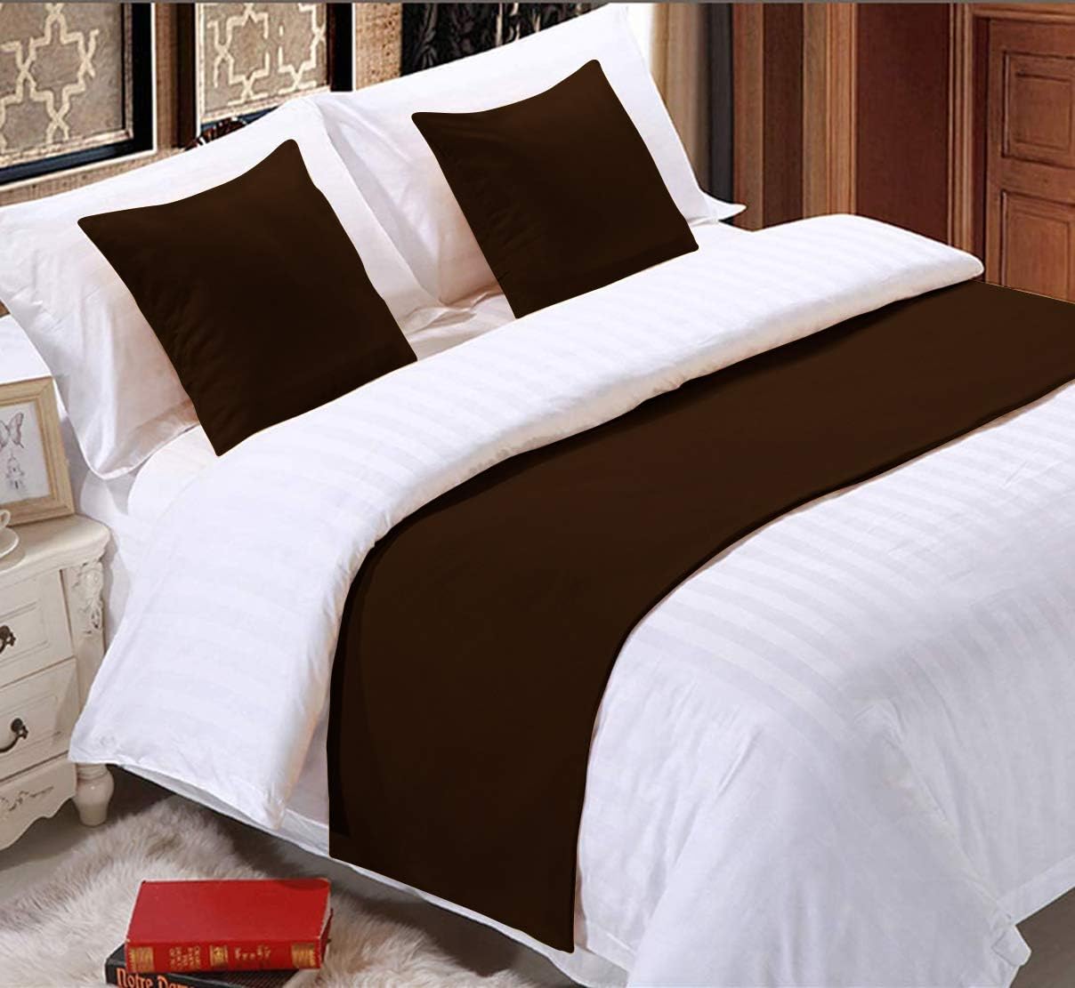 Elegant Decor 800 Thread Count Egyptian Cotton Bed Runner Decorative Bed Scarf 1 Piece & 2 Piece Matching Cushion Cover Cal-King Size [White Solid] (Chocolate, King)