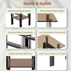 Glass Side Table Set of 2, Small 2-Tier End Table with Tempered Glass Top and Metal Legs, Clear Small Corner Table for Living Room, Bedroom, Apartment (Brown+Black)