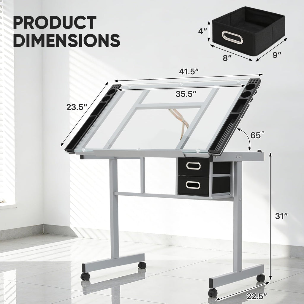Magshion Professional Drafting Table for Adults Teens, Tilting Glass Tabletop Art Craft Desk Diamond Watercolor Paintings Sketching Work Station for Home Office Reading, Writing, Crafting (Clear)