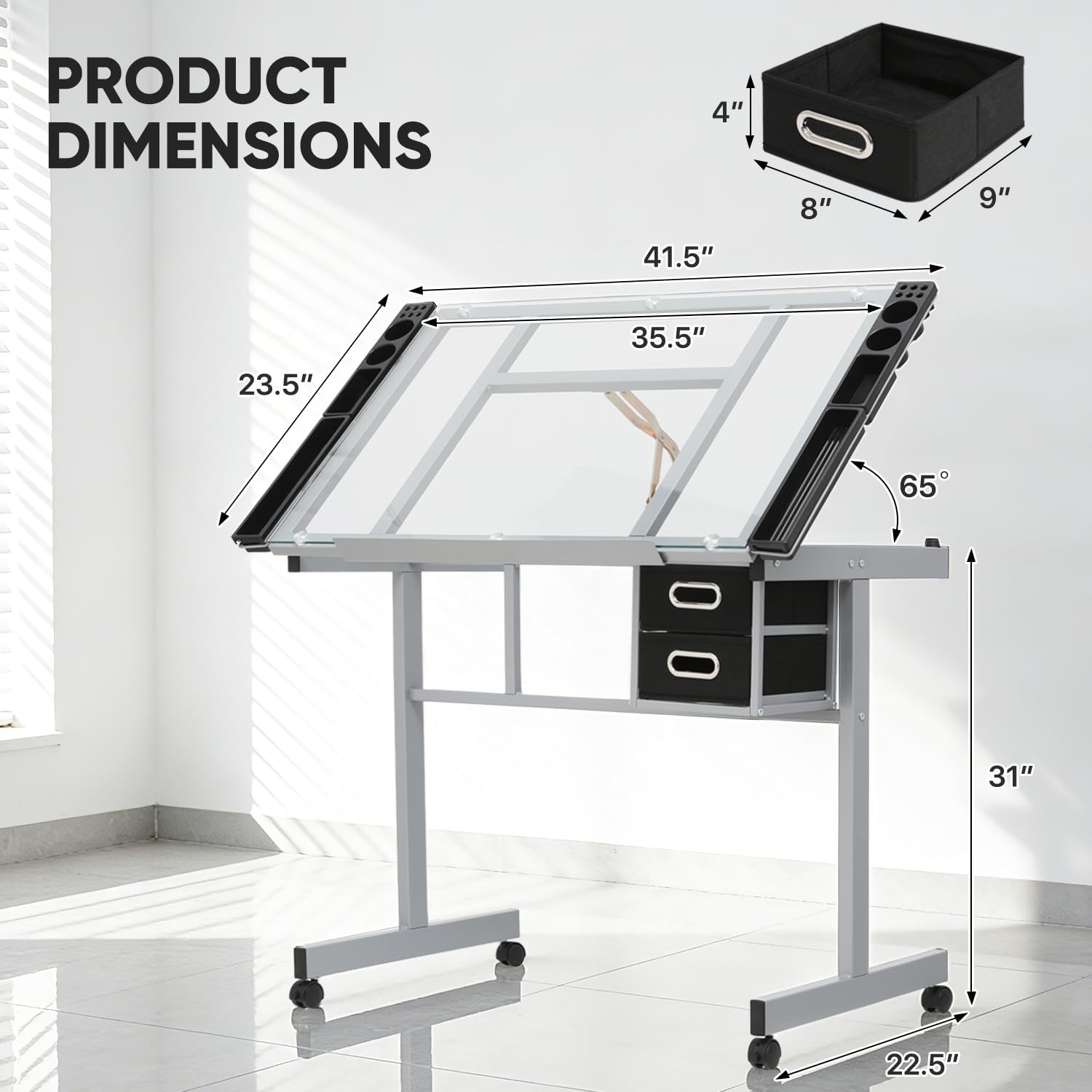 Magshion Professional Drafting Table for Adults Teens, Tilting Glass Tabletop Art Craft Desk Diamond Watercolor Paintings Sketching Work Station for Home Office Reading, Writing, Crafting (Clear)