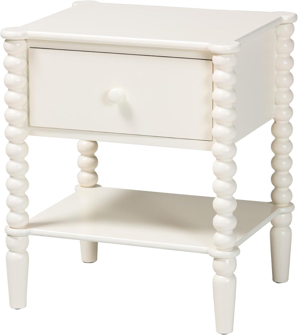 Baxton Studio Rimona End Table with Bobbin Legs - 1-Drawer Accent Table with Spindle Turned Legs and Open Shelf, Cottage Farmhouse Style Side Table for Living Room