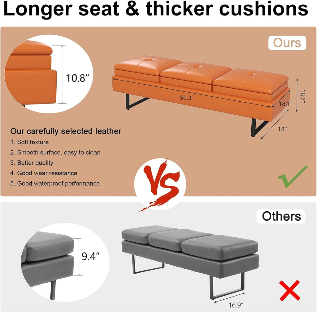 kinbor Waiting Room Bench for Salon - Modern Bench Waiting Room Chairs, Upholstered Lobby Chairs Reception Area Leather Bench Furniture with Metal Legs, 3 Seat