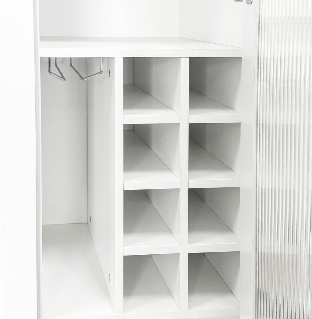 Kitchen Pantry Cabinet with Pull-Out Shelves, Farmhouse Storage Cabinet with Glass Doors, Freestanding Pantry Organizer and Bar Cabinet for Kitchen, Dining Room & Living Room, White