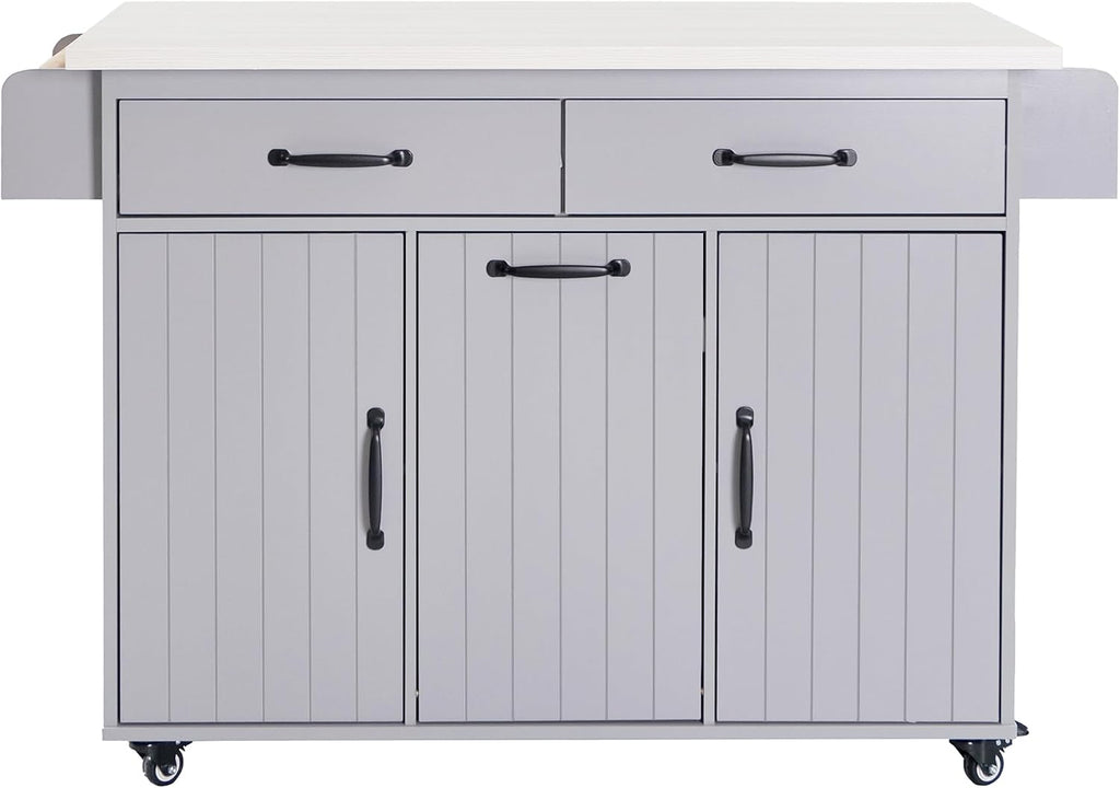 Ball & Cast Kitchen Island with Trash Can Storage Cabinet,Kitchen Cart W/Drop Leaf,Spice Rack,Towel Rack and Drawers,Rolling Kitchen Islands on Wheels W/Adjustable Shelf for Dining Room,Grey