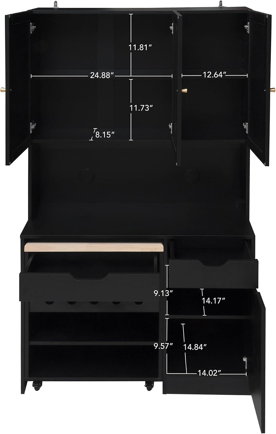 69" Kitchen Pantry Cabinet with Microwave Stand & Rolling Cart - Freestanding Storage Cabinet, 3 Rattan Doors, Adjustable Shelves, Anti-Tip Design for Kitchen, Dining Room, Black